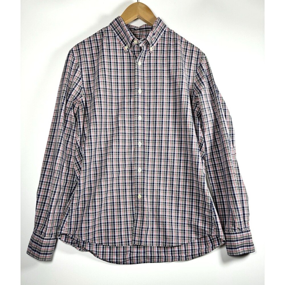 J Press Button Down Shirt Mens Medium Gray Blue Red Plaid‎ Cotton Trunk Club